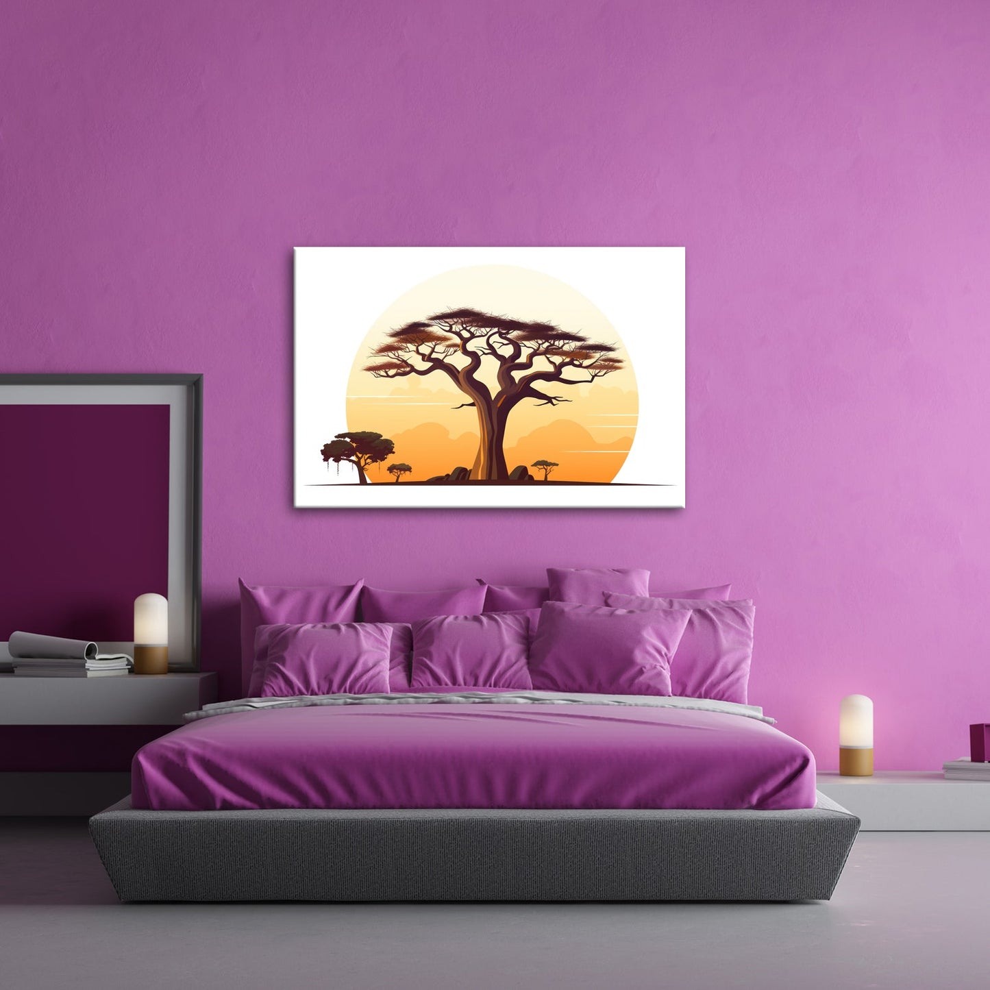Leinwandbild Ein stilisierter Baum vor aufgehender Sonne der Savanne. - deyoli
