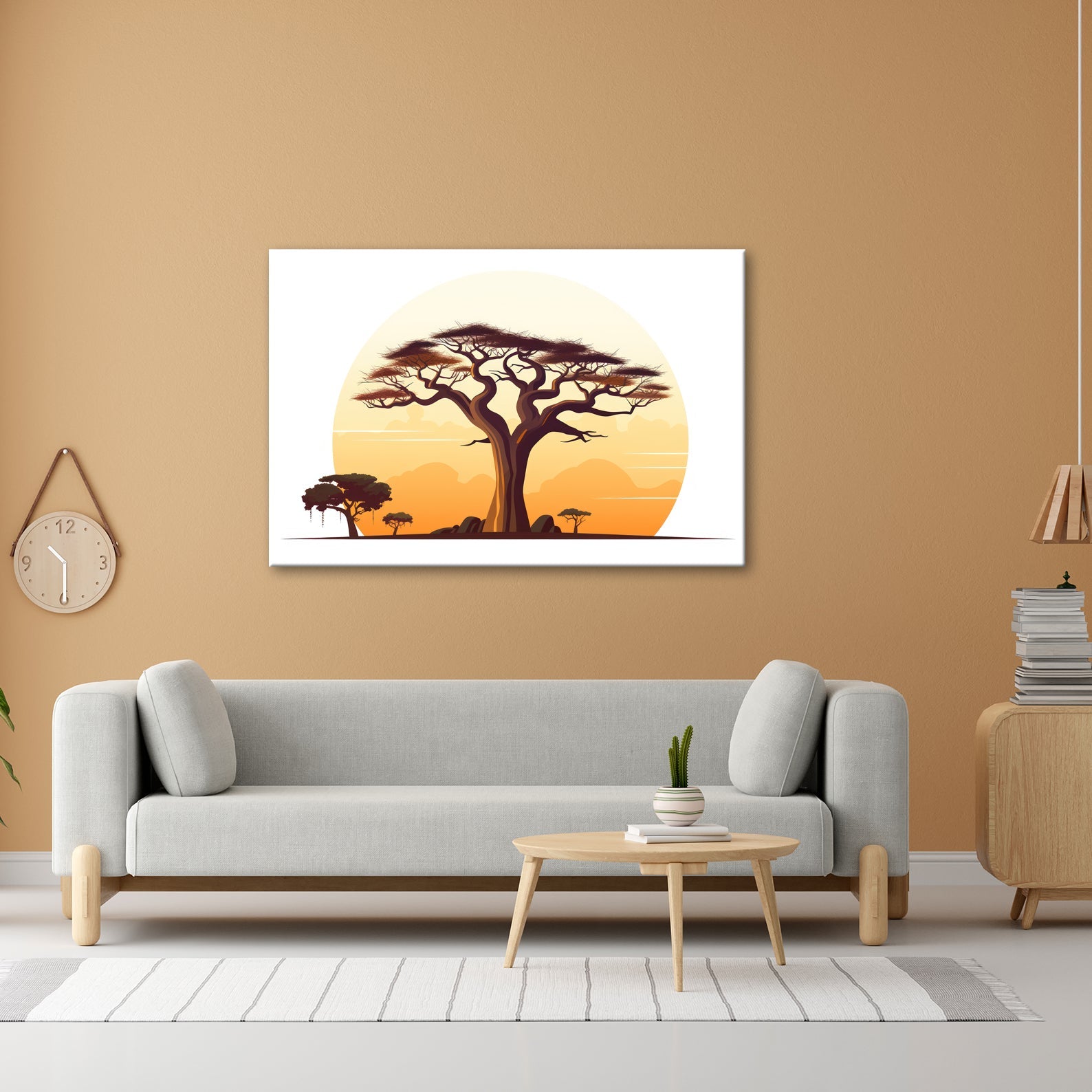 Leinwandbild Ein stilisierter Baum vor aufgehender Sonne der Savanne. - deyoli