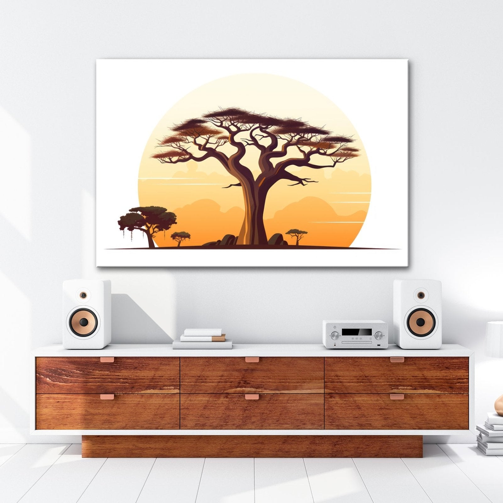 Leinwandbild Ein stilisierter Baum vor aufgehender Sonne der Savanne. - deyoli
