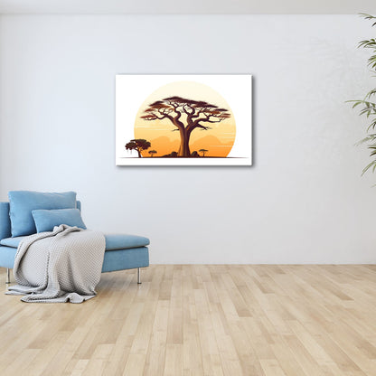 Leinwandbild Ein stilisierter Baum vor aufgehender Sonne der Savanne. - deyoli