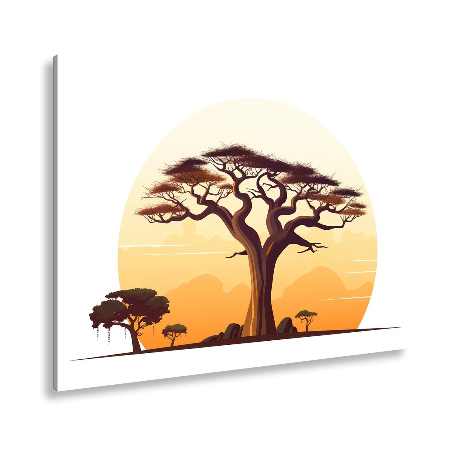 Leinwandbild Ein stilisierter Baum vor aufgehender Sonne der Savanne. - deyoli