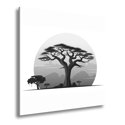 Leinwandbild Ein stilisierter Baum vor aufgehender Sonne der Savanne. - deyoli
