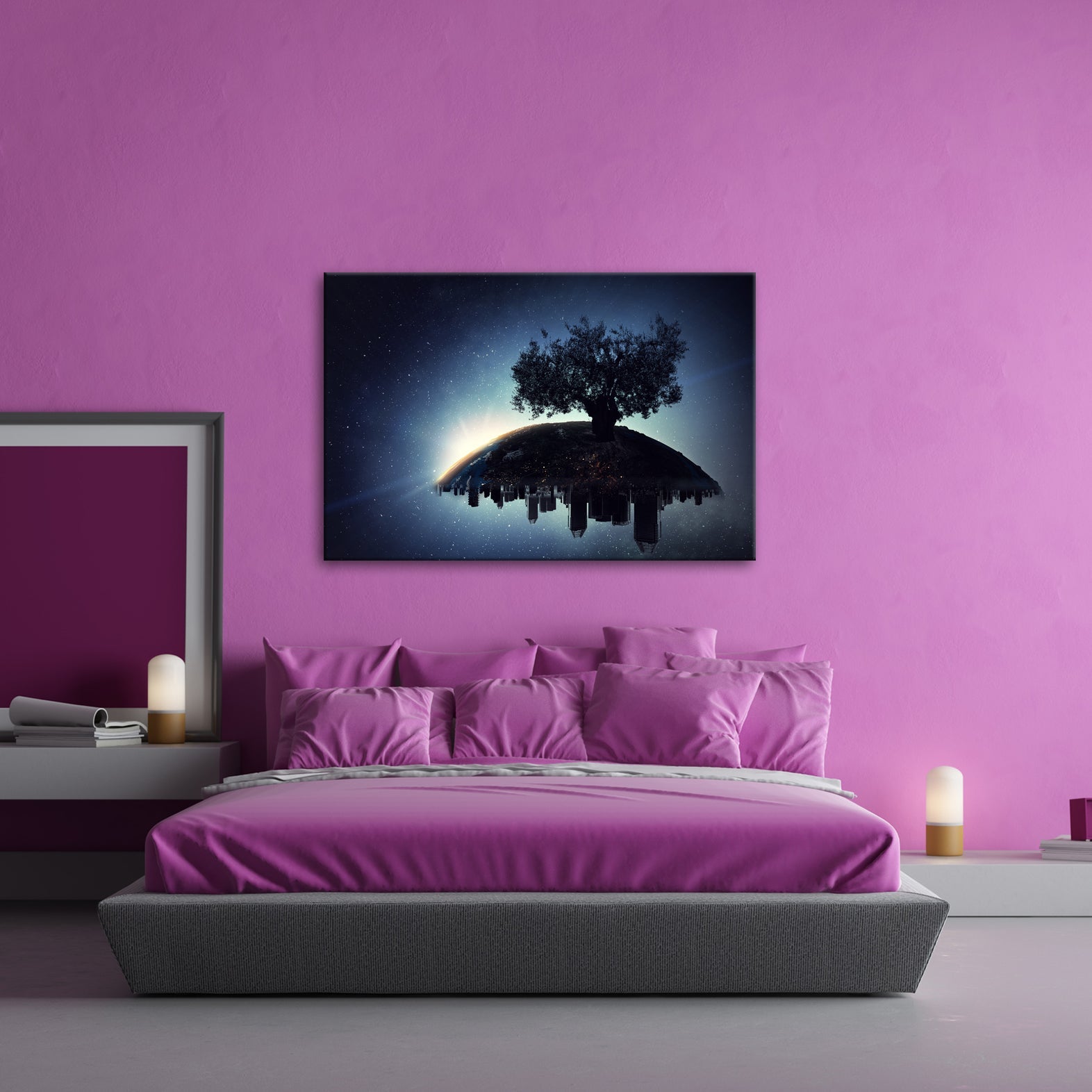 Leinwandbild Ein stiller Baum wacht über schlafende Städte. - deyoli