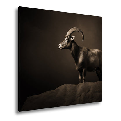 Leinwandbild Ein stolzer Steinbock steht still im dramatischen Licht. - deyoli