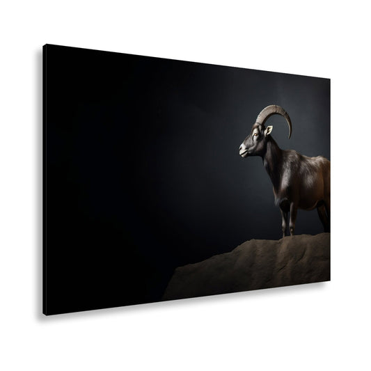 Leinwandbild Ein stolzer Steinbock steht still im dramatischen Licht. - deyoli