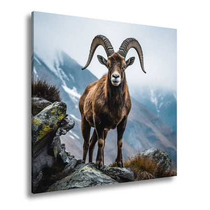 Leinwandbild Ein stolzer Steinbock vor majestätischer Bergkulisse. - deyoli