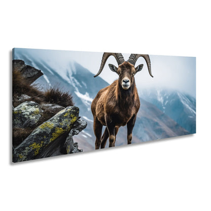 Leinwandbild Ein stolzer Steinbock vor majestätischer Bergkulisse. - deyoli