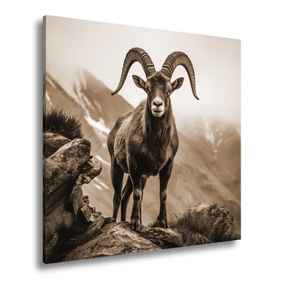 Leinwandbild Ein stolzer Steinbock vor majestätischer Bergkulisse. - deyoli