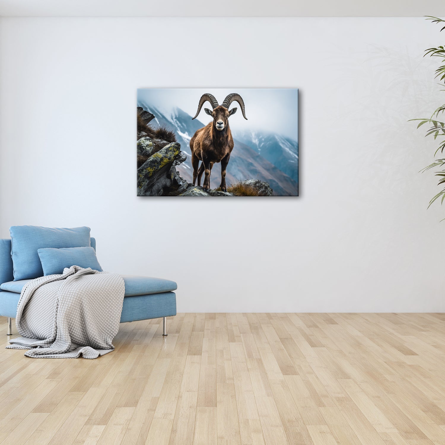 Leinwandbild Ein stolzer Steinbock vor majestätischer Bergkulisse. - deyoli