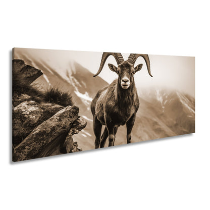 Leinwandbild Ein stolzer Steinbock vor majestätischer Bergkulisse. - deyoli