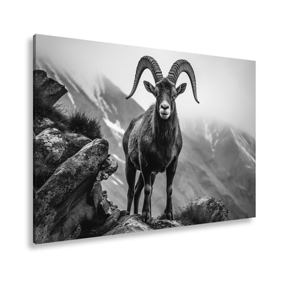 Leinwandbild Ein stolzer Steinbock vor majestätischer Bergkulisse. - deyoli