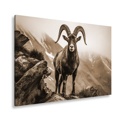 Leinwandbild Ein stolzer Steinbock vor majestätischer Bergkulisse. - deyoli