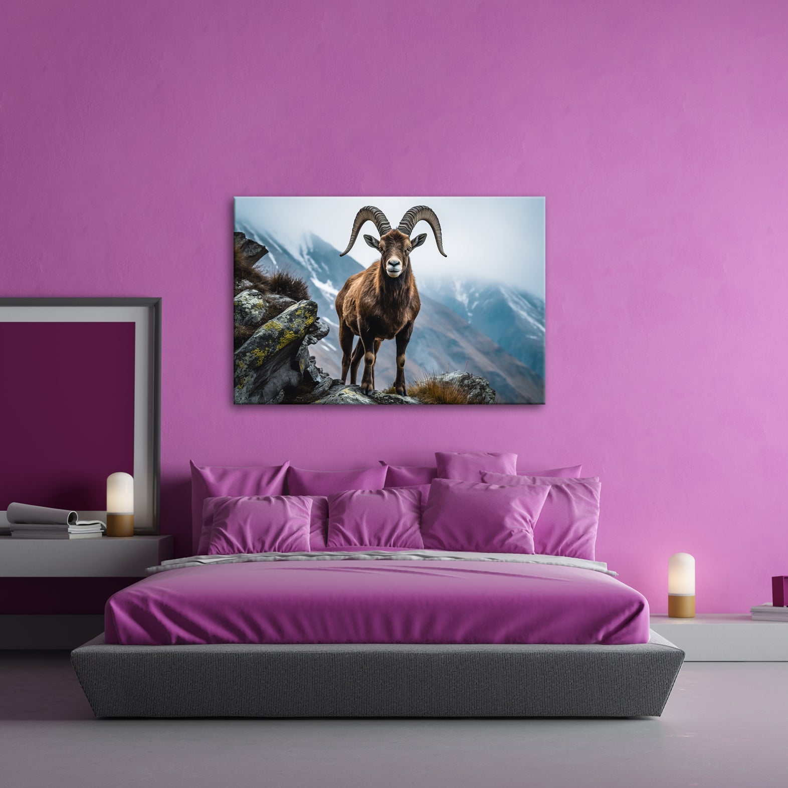 Leinwandbild Ein stolzer Steinbock vor majestätischer Bergkulisse. - deyoli
