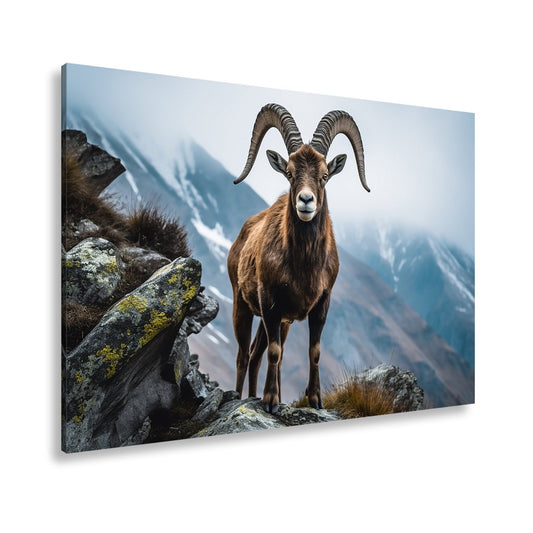 Leinwandbild Ein stolzer Steinbock vor majestätischer Bergkulisse. - deyoli