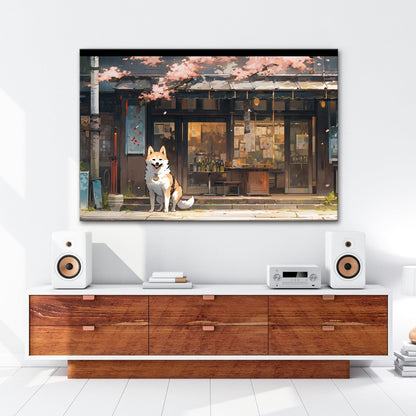 Leinwandbild Ein treuer Hund wacht vor dem Laden im Kirschblütenwind. - deyoli
