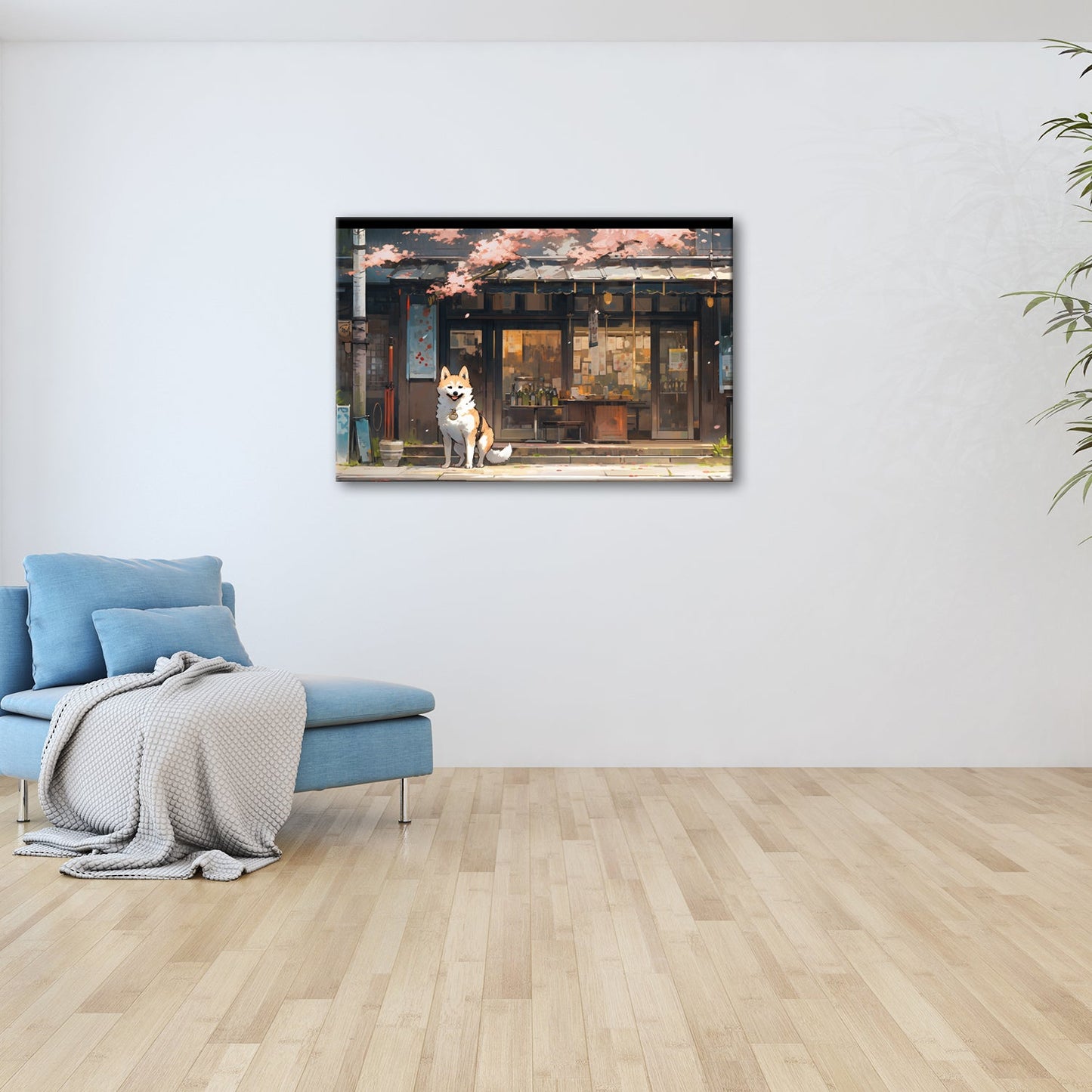 Leinwandbild Ein treuer Hund wacht vor dem Laden im Kirschblütenwind. - deyoli