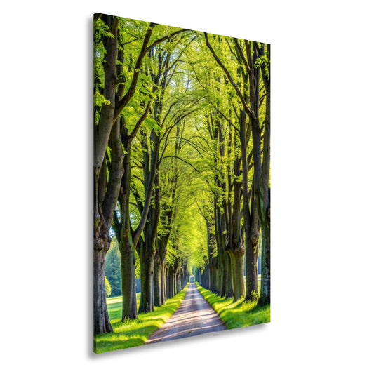 Leinwandbild Ein Weg aus Licht unter grünem Blätterdach der Ruhe. - deyoli