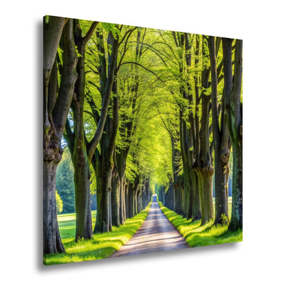 Leinwandbild Ein Weg aus Licht unter grünem Blätterdach der Ruhe. - deyoli