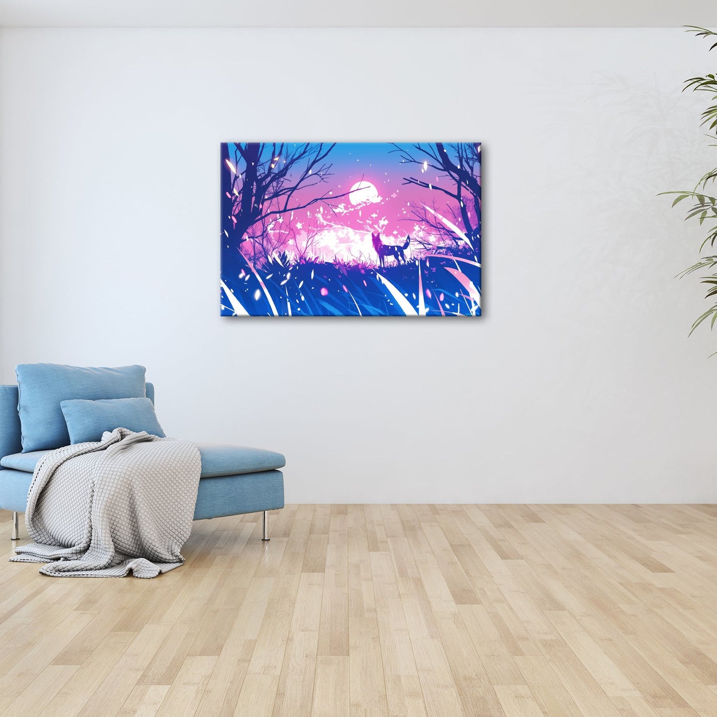 Leinwandbild Ein Wolf erhebt sich vor einem leuchtenden Traumhimmel. - deyoli