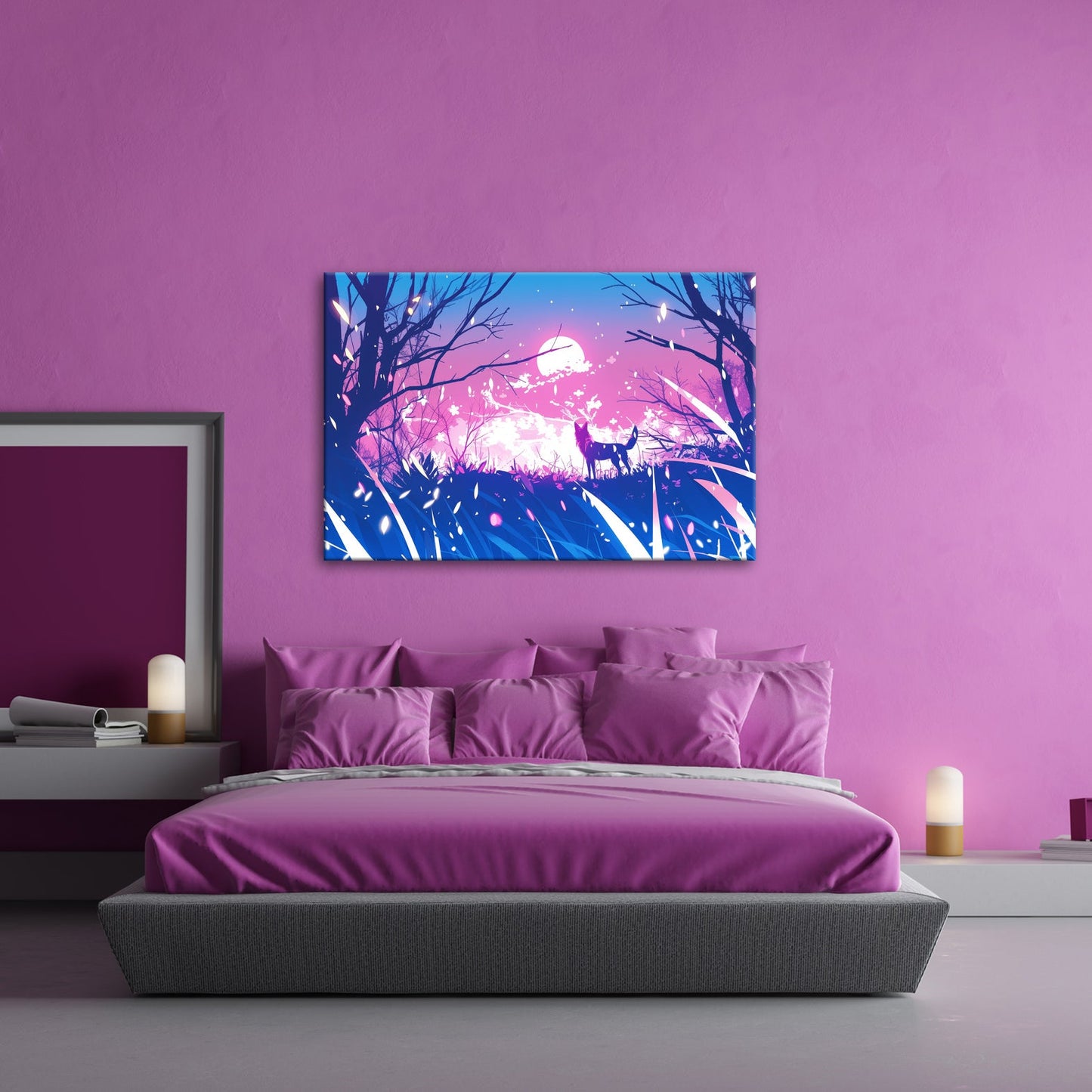 Leinwandbild Ein Wolf erhebt sich vor einem leuchtenden Traumhimmel. - deyoli