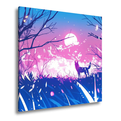Leinwandbild Ein Wolf erhebt sich vor einem leuchtenden Traumhimmel. - deyoli