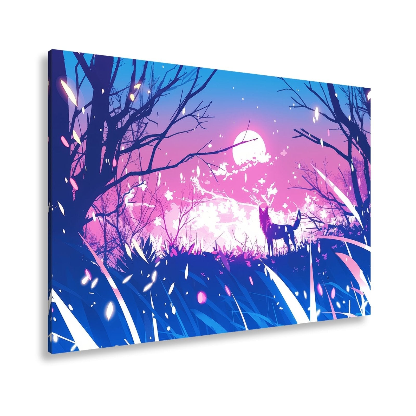 Leinwandbild Ein Wolf erhebt sich vor einem leuchtenden Traumhimmel. - deyoli