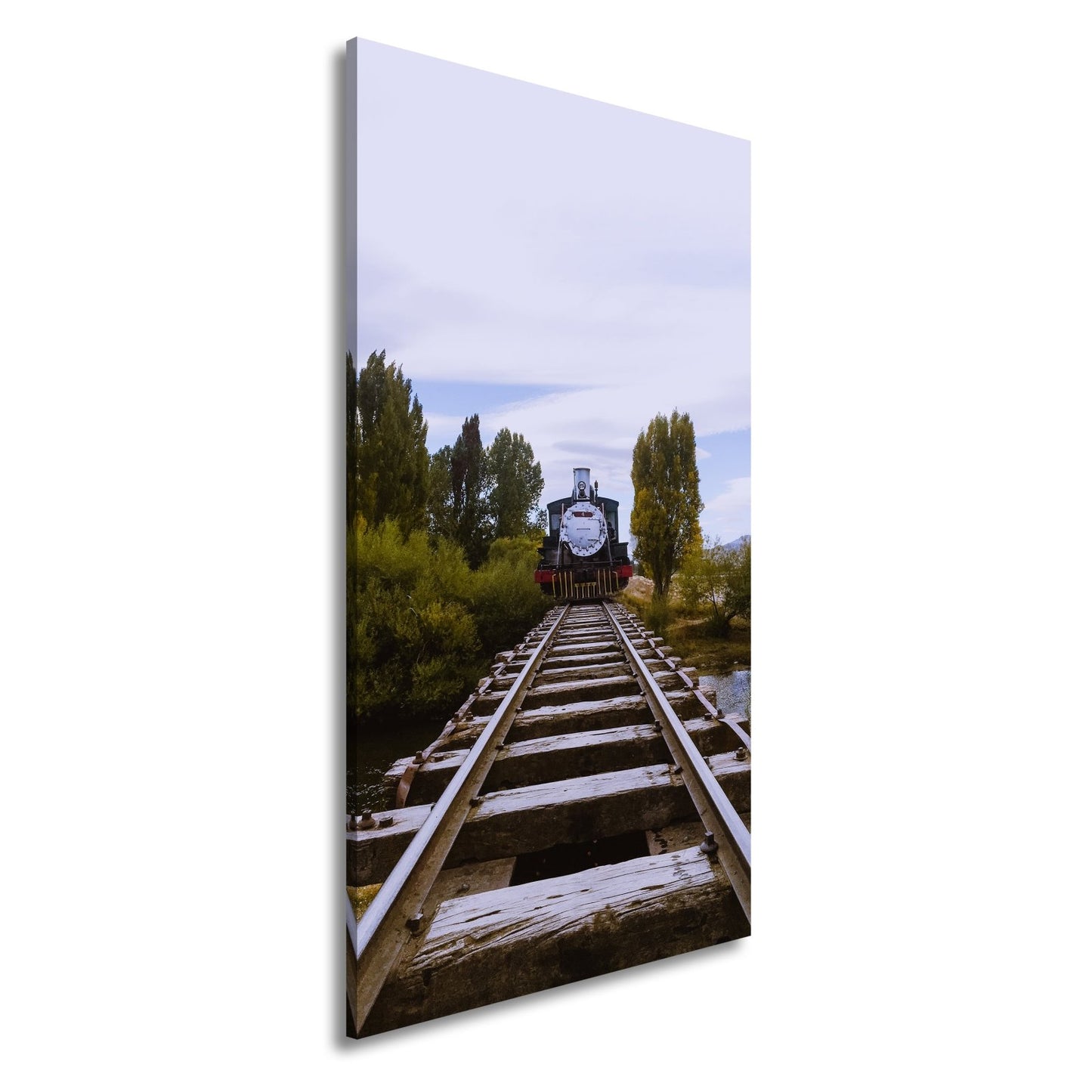 Leinwandbild Ein Zug, der direkt in die Stille der Natur fährt. - deyoli