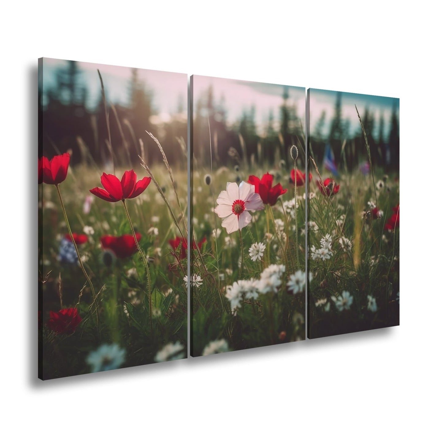 Leinwandbild Einzigartig – eine weiße Blume in rotem Mohnmeer. - deyoli