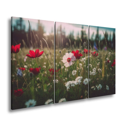Leinwandbild Einzigartig – eine weiße Blume in rotem Mohnmeer. - deyoli