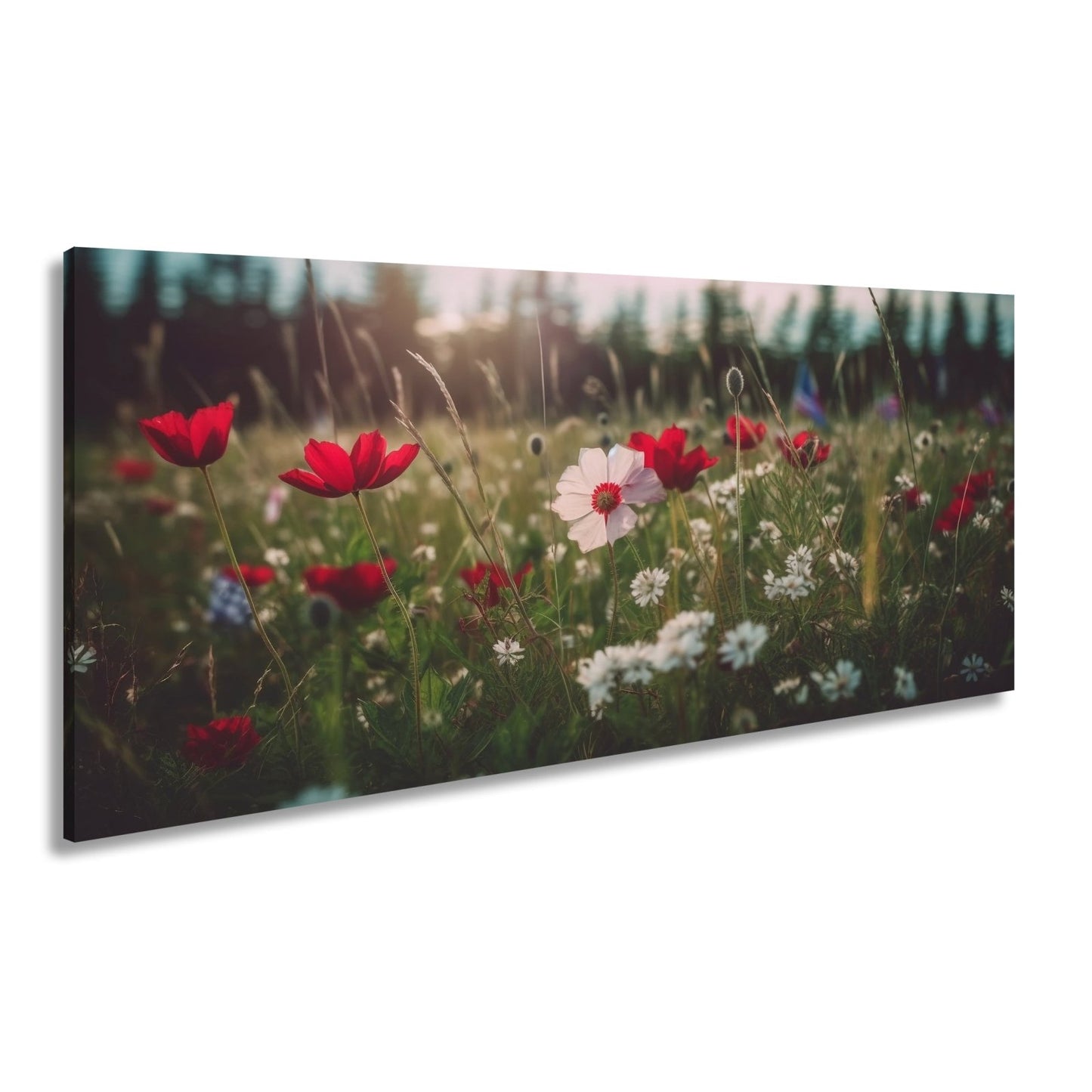 Leinwandbild Einzigartig – eine weiße Blume in rotem Mohnmeer. - deyoli
