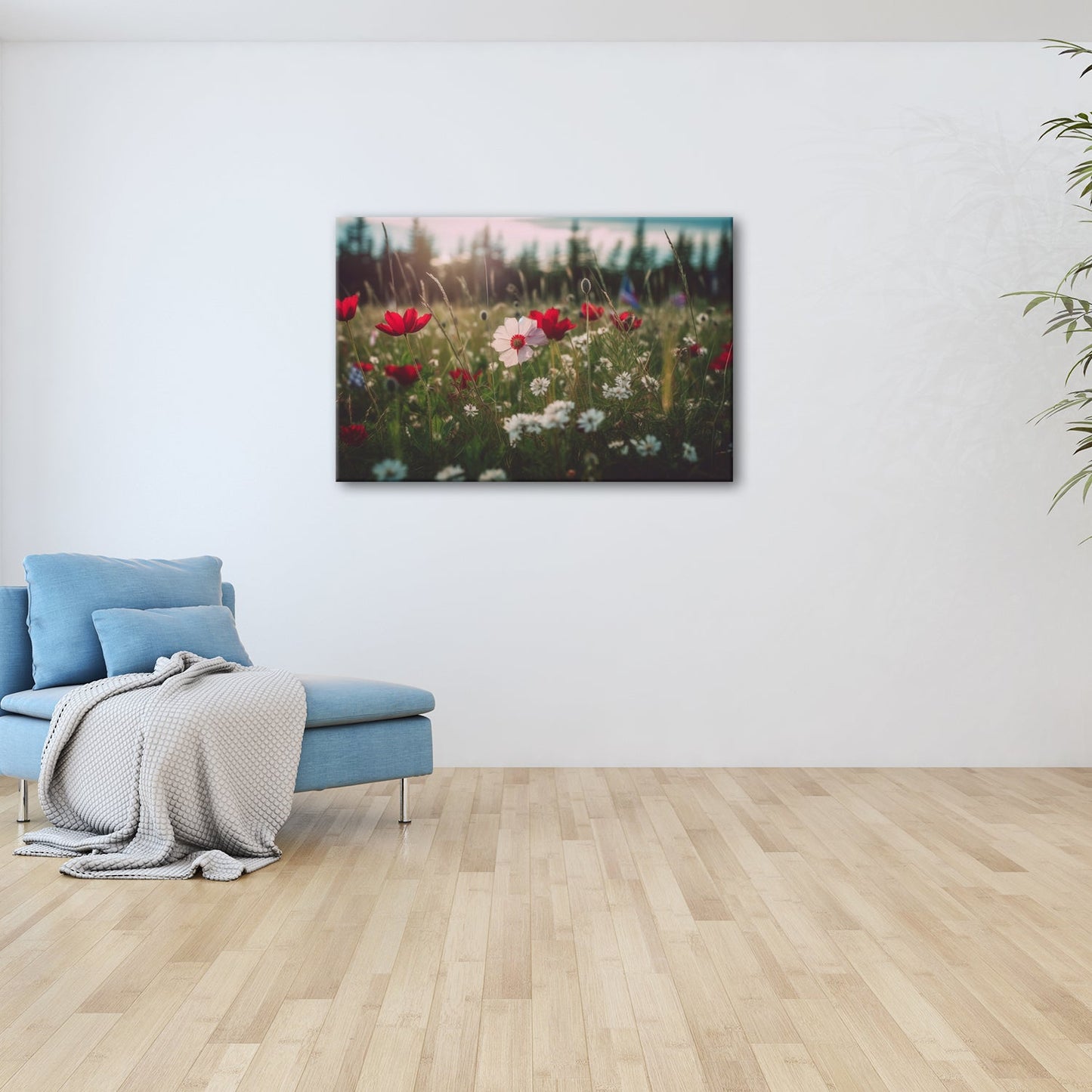 Leinwandbild Einzigartig – eine weiße Blume in rotem Mohnmeer. - deyoli