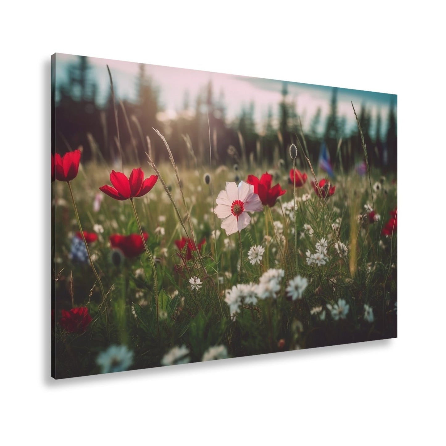 Leinwandbild Einzigartig – eine weiße Blume in rotem Mohnmeer. - deyoli