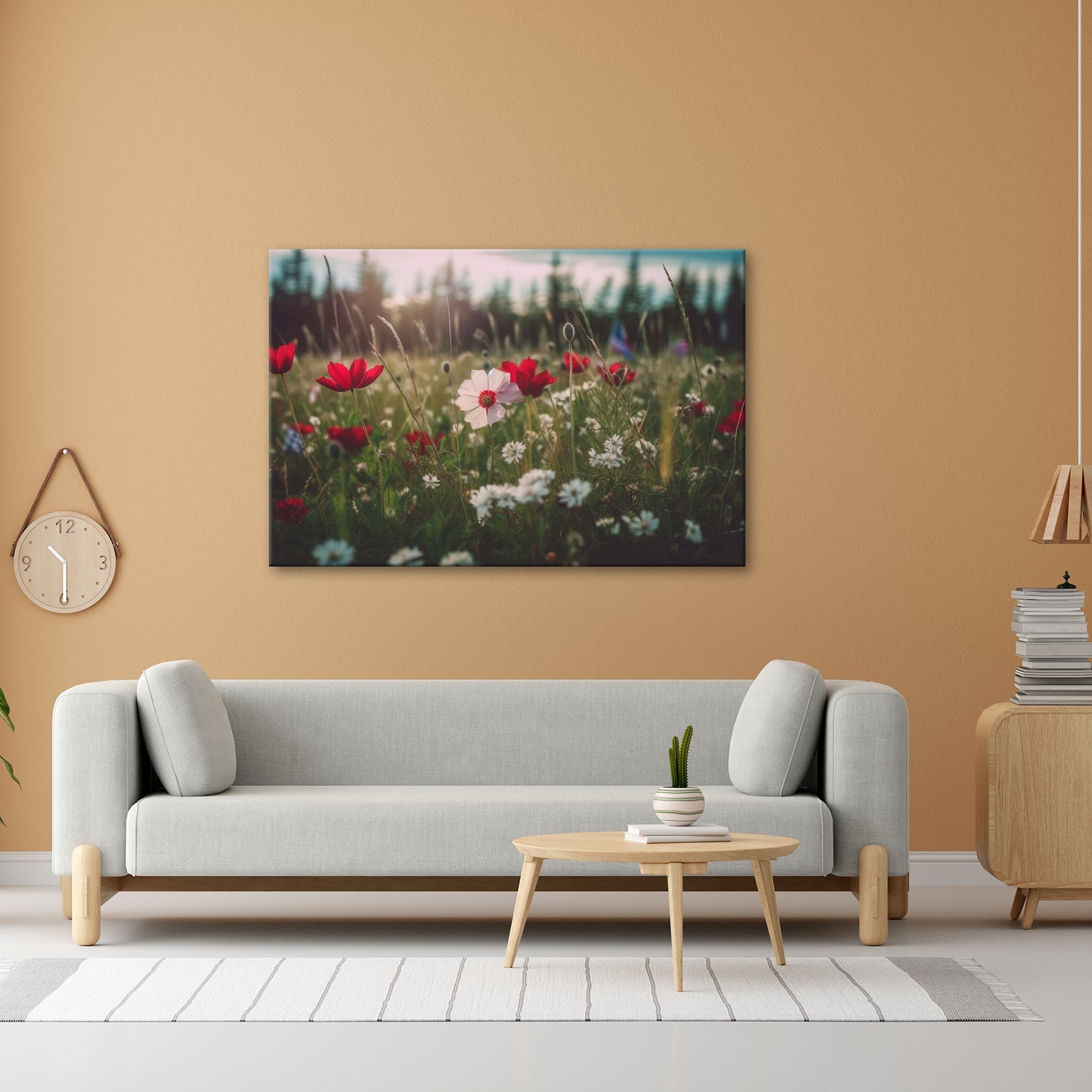 Leinwandbild Einzigartig – eine weiße Blume in rotem Mohnmeer. - deyoli