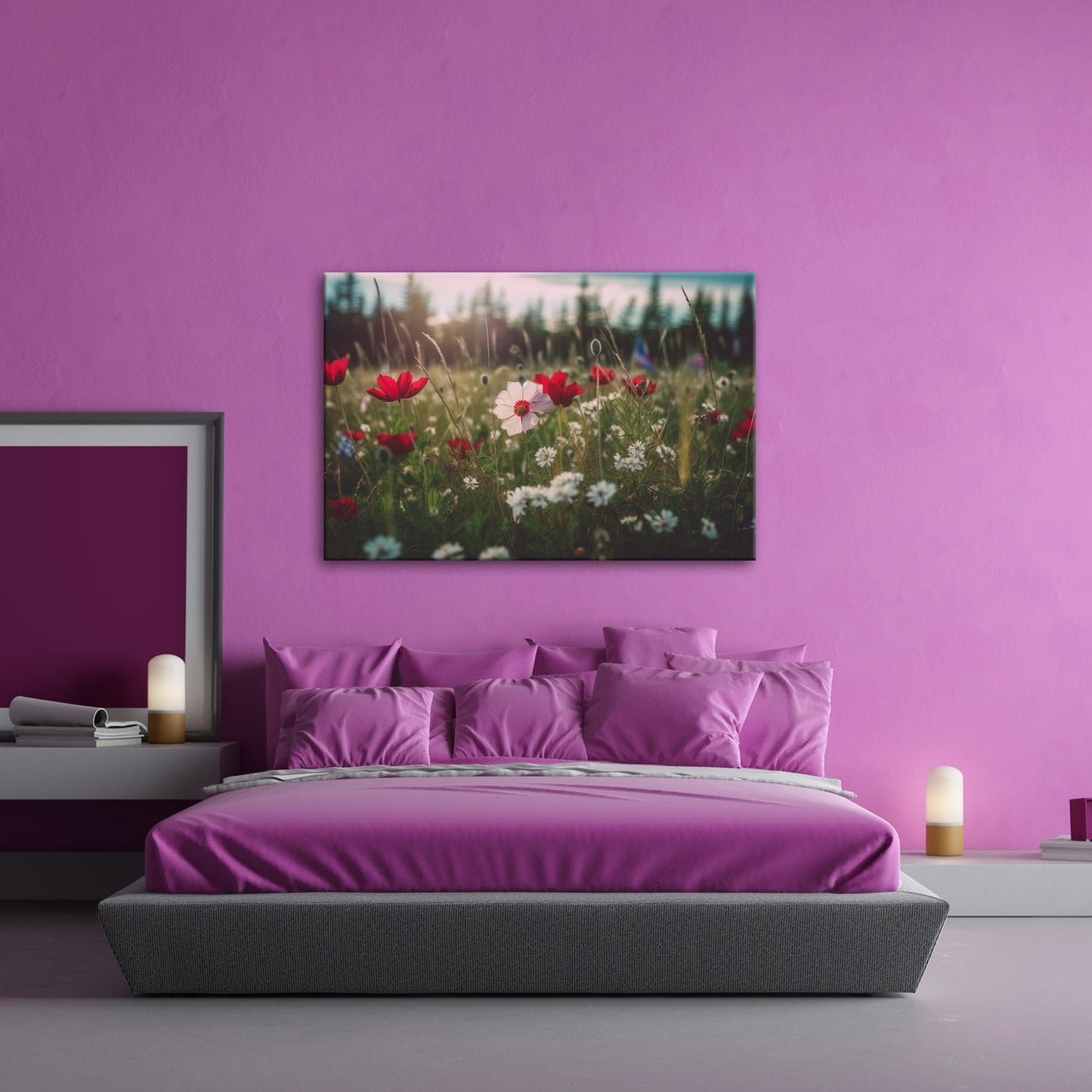 Leinwandbild Einzigartig – eine weiße Blume in rotem Mohnmeer. - deyoli