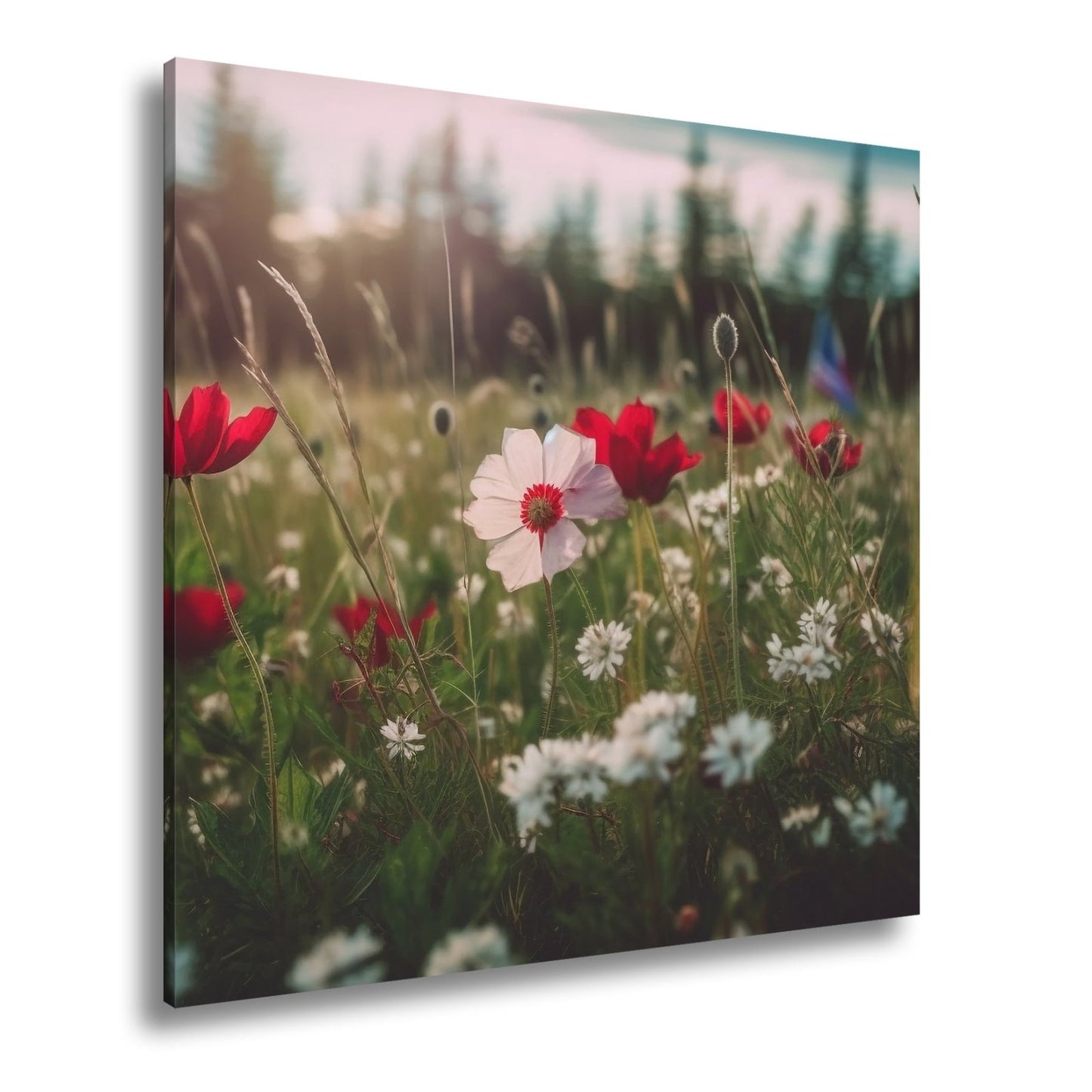 Leinwandbild Einzigartig – eine weiße Blume in rotem Mohnmeer. - deyoli