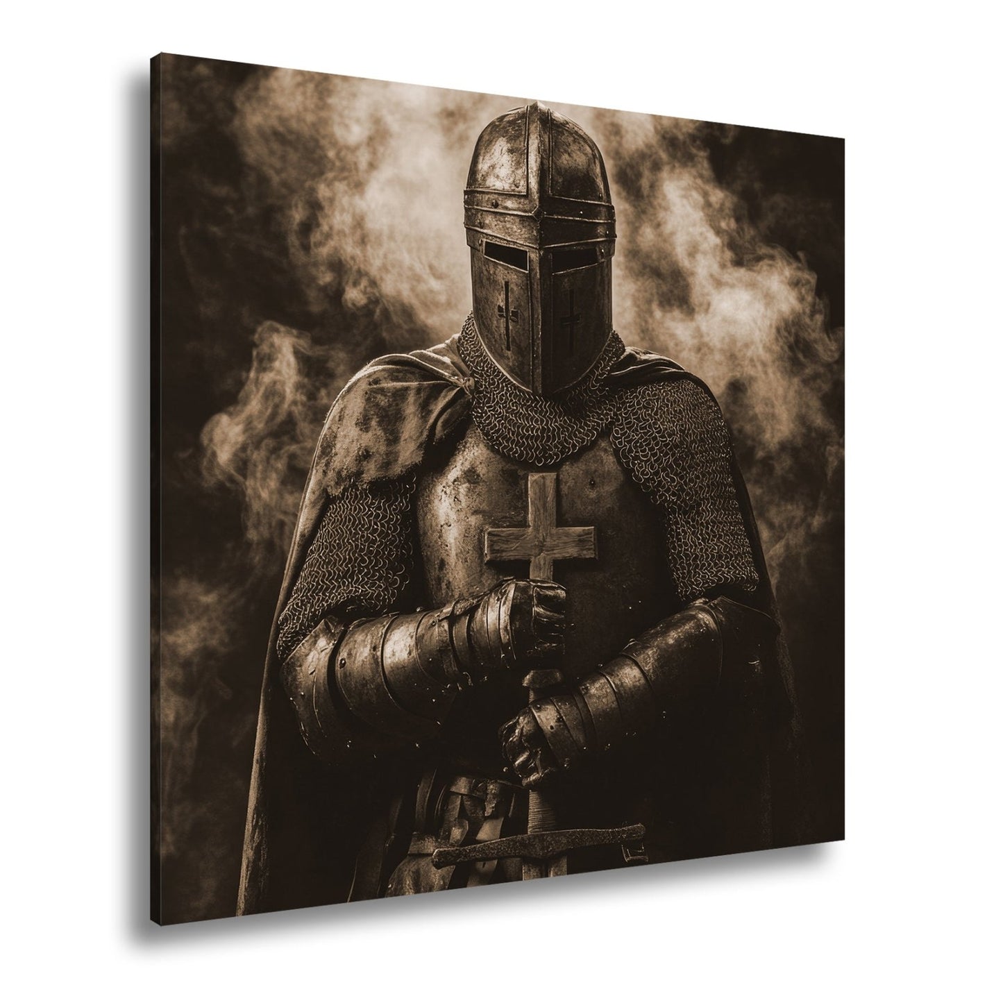 Leinwandbild Eiserner Ritter – schweigend im Rauch des alten Glaubens. - deyoli