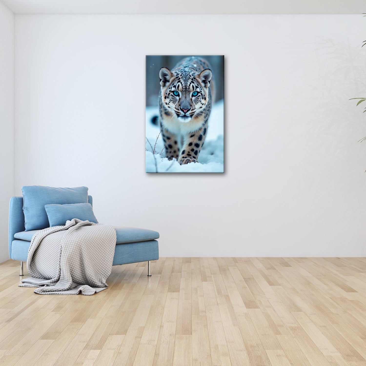 Leinwandbild Eisiger Blick – Schneeleopard mit Augen aus Blau. - deyoli