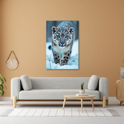 Leinwandbild Eisiger Blick – Schneeleopard mit Augen aus Blau. - deyoli