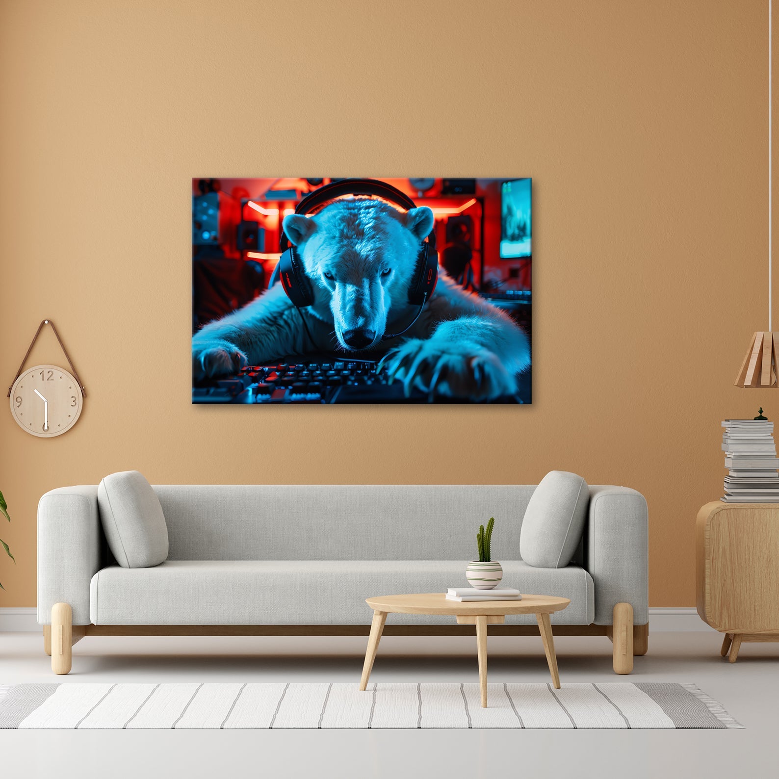 Leinwandbild Eisiger Fokus – Gamer - Eisbär im roten Neonlicht. - deyoli
