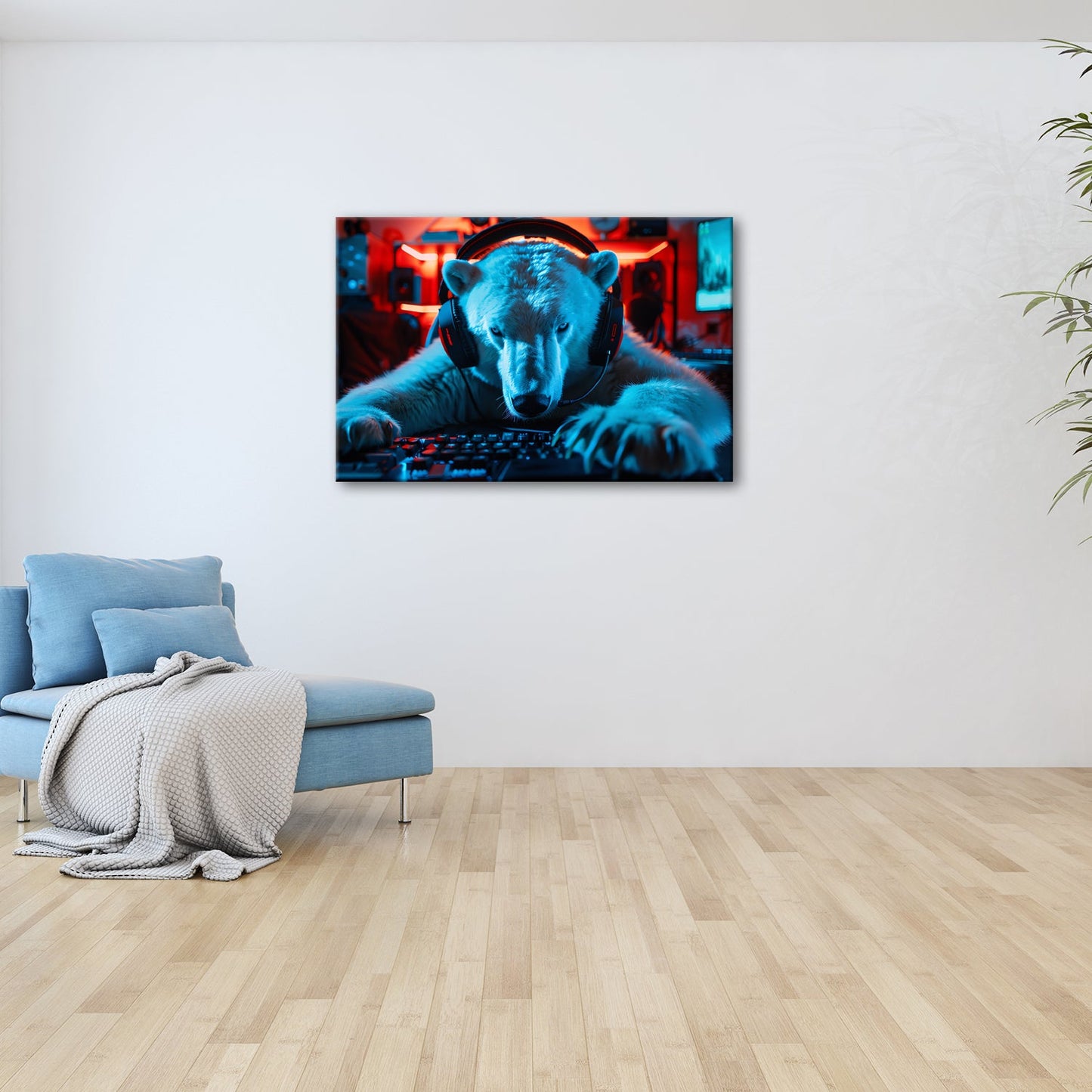 Leinwandbild Eisiger Fokus – Gamer - Eisbär im roten Neonlicht. - deyoli