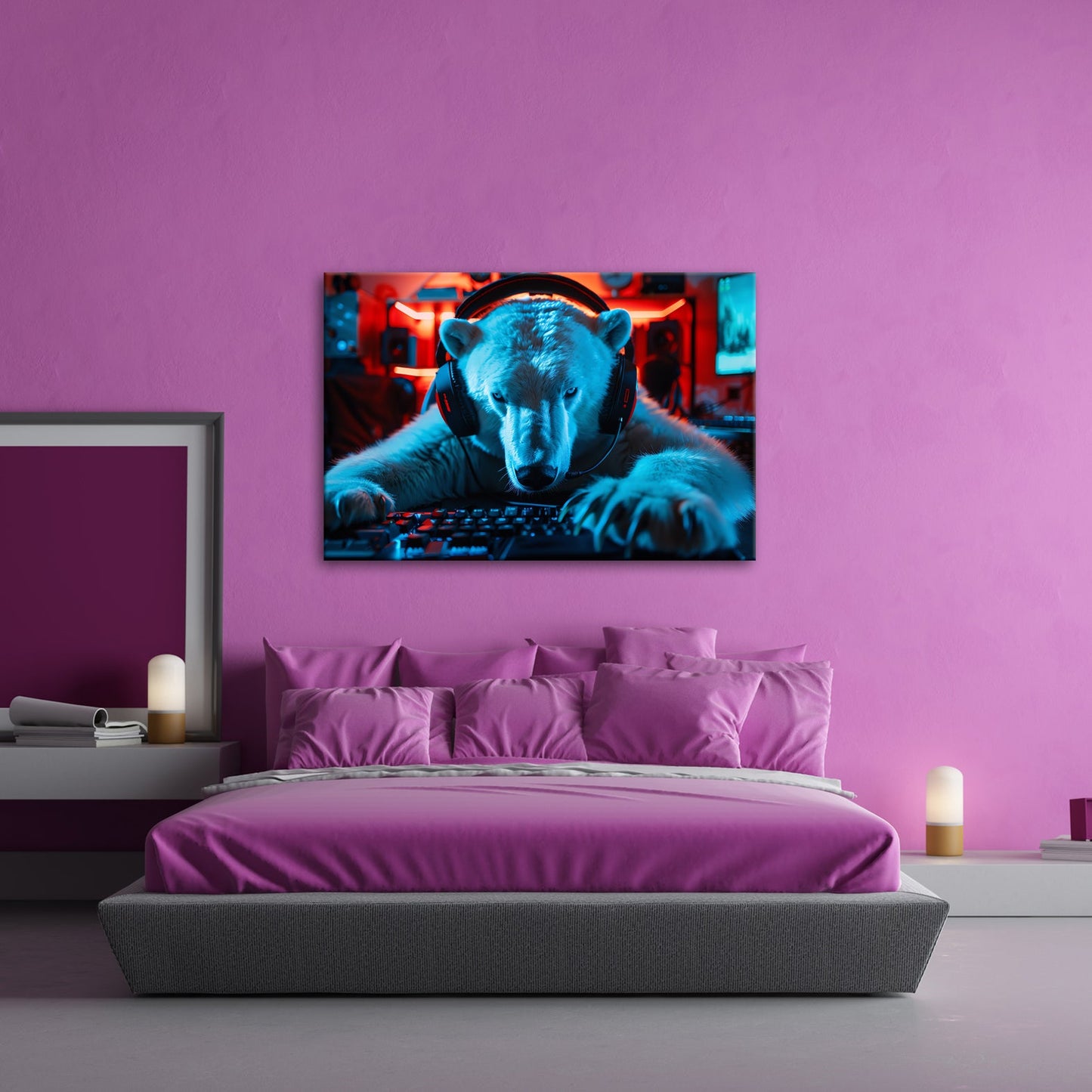 Leinwandbild Eisiger Fokus – Gamer - Eisbär im roten Neonlicht. - deyoli