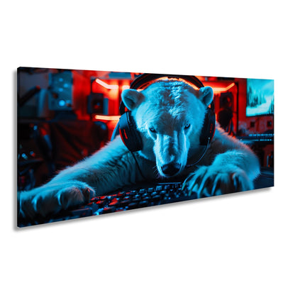 Leinwandbild Eisiger Fokus – Gamer - Eisbär im roten Neonlicht. - deyoli
