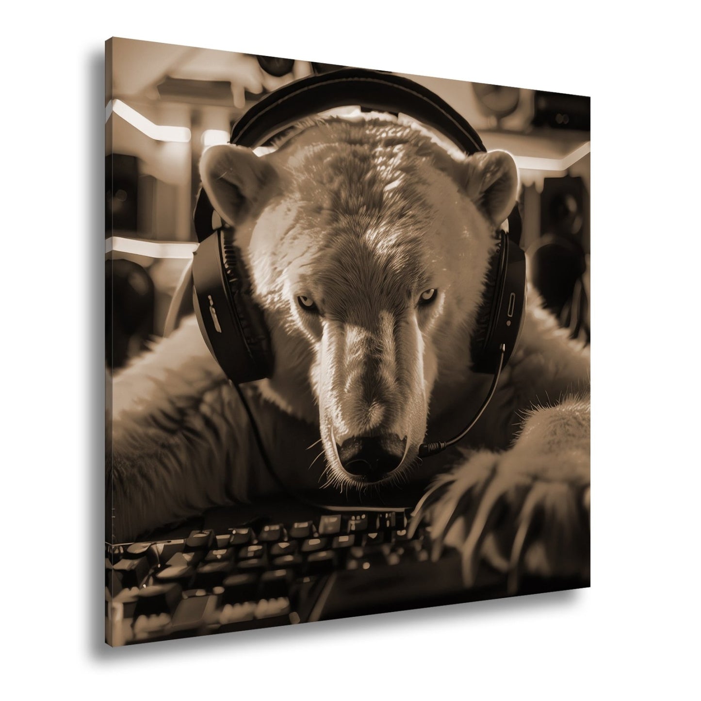 Leinwandbild Eisiger Fokus – Gamer - Eisbär im roten Neonlicht. - deyoli