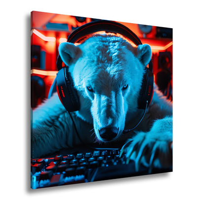 Leinwandbild Eisiger Fokus – Gamer - Eisbär im roten Neonlicht. - deyoli