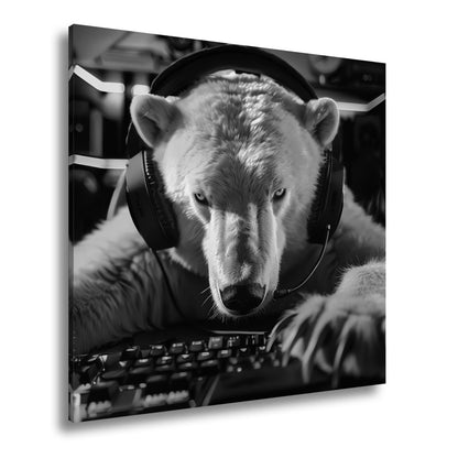 Leinwandbild Eisiger Fokus – Gamer - Eisbär im roten Neonlicht. - deyoli