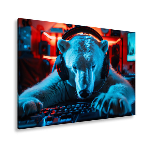 Leinwandbild Eisiger Fokus – Gamer - Eisbär im roten Neonlicht. - deyoli
