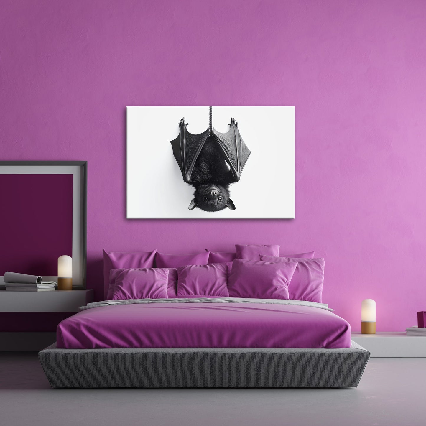 Leinwandbild Elegante Fledermaus hängt still im weißen Raum - deyoli
