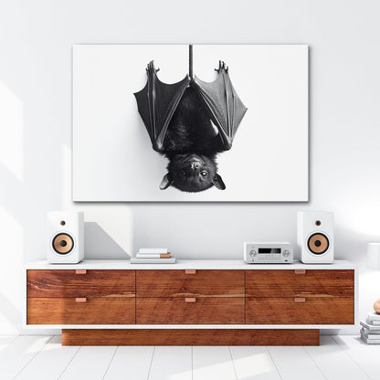 Leinwandbild Elegante Fledermaus hängt still im weißen Raum - deyoli