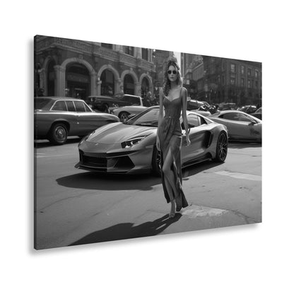 Leinwandbild Elegante Silhouette vor einem futurischen Supersportwagen - deyoli