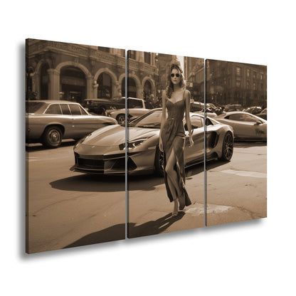 Leinwandbild Elegante Silhouette vor einem futurischen Supersportwagen - deyoli